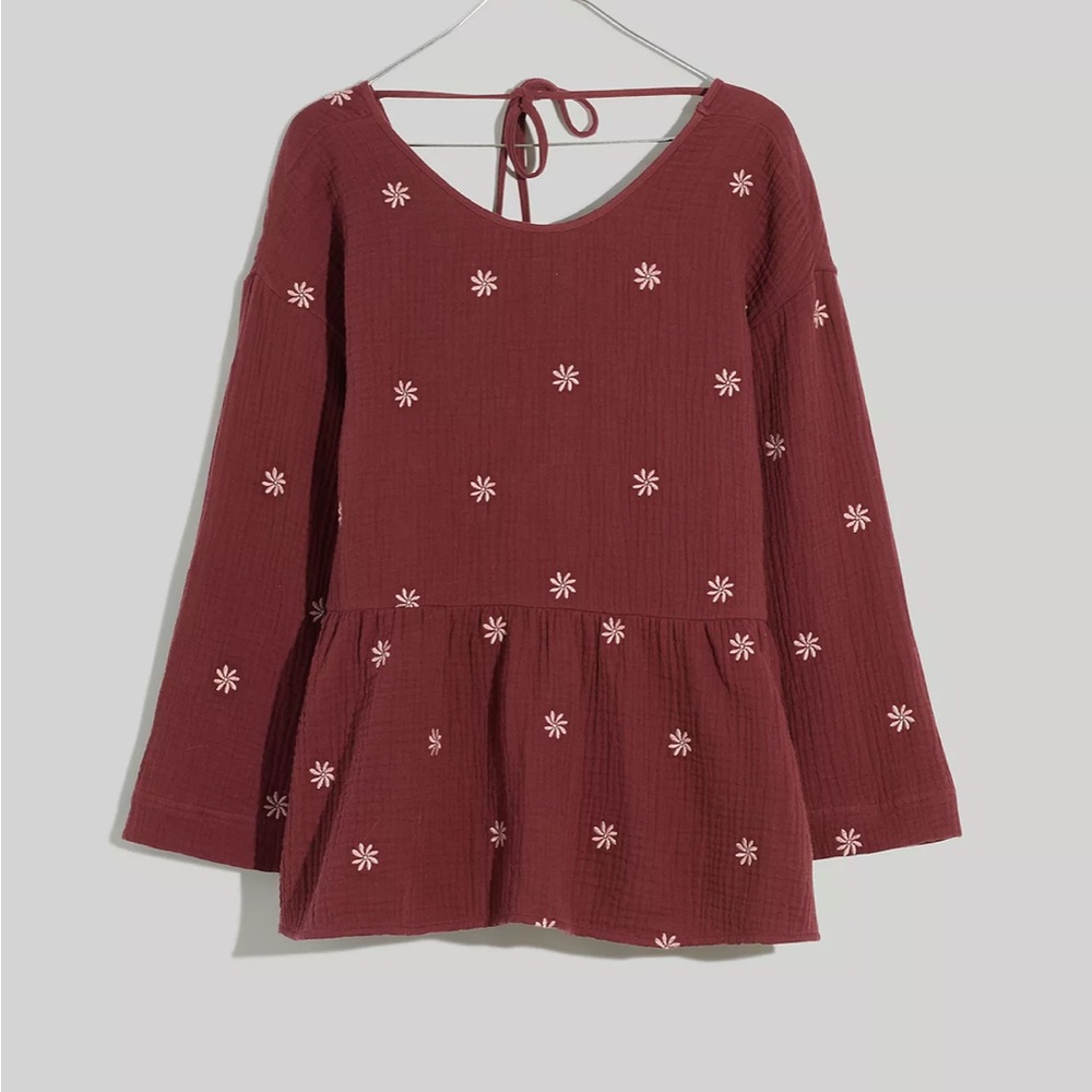 Madewell embroidered peplum open back top